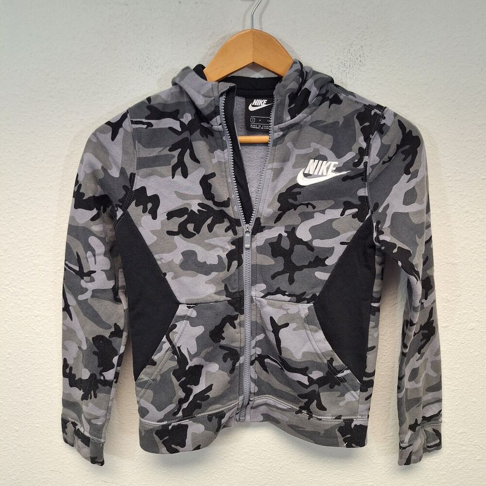 Nike Gray and Black Camo Print Cotton Zip Up Hoodie Boys Size Small